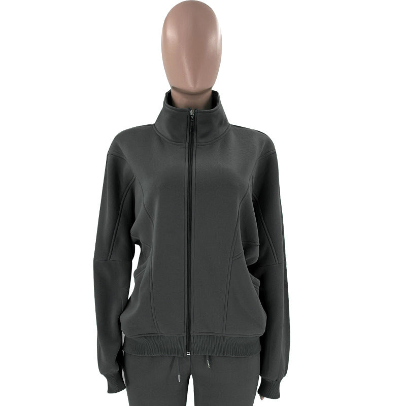 Women Autumn and Winter Solid Stand Collar Cardigan Long Sleeve Top and Casual Pants Two-piece Set 21