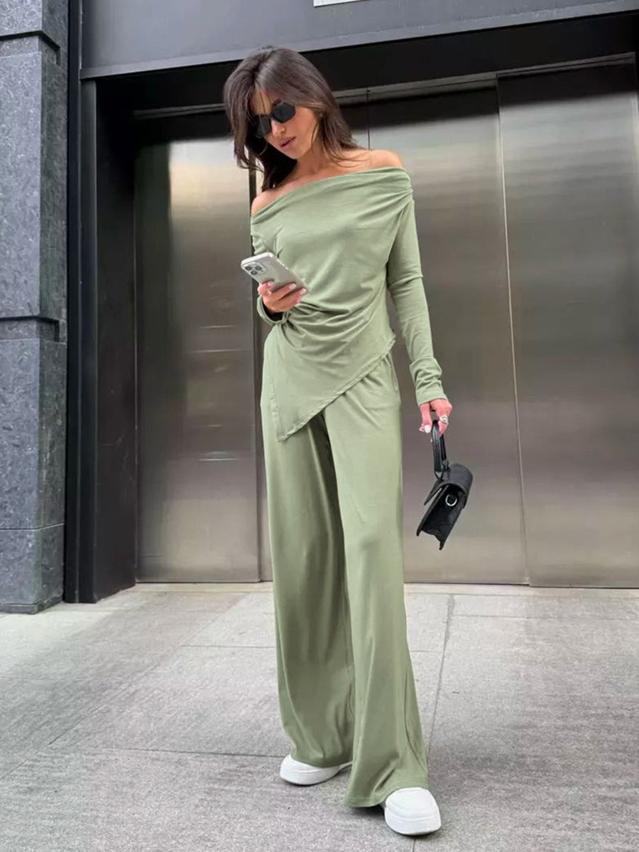 Autumn And Winter Grey Knitting Fashion Off Shoulder Long Sleeve Top High Waist Wide Leg Pants Casual Two Piece Set