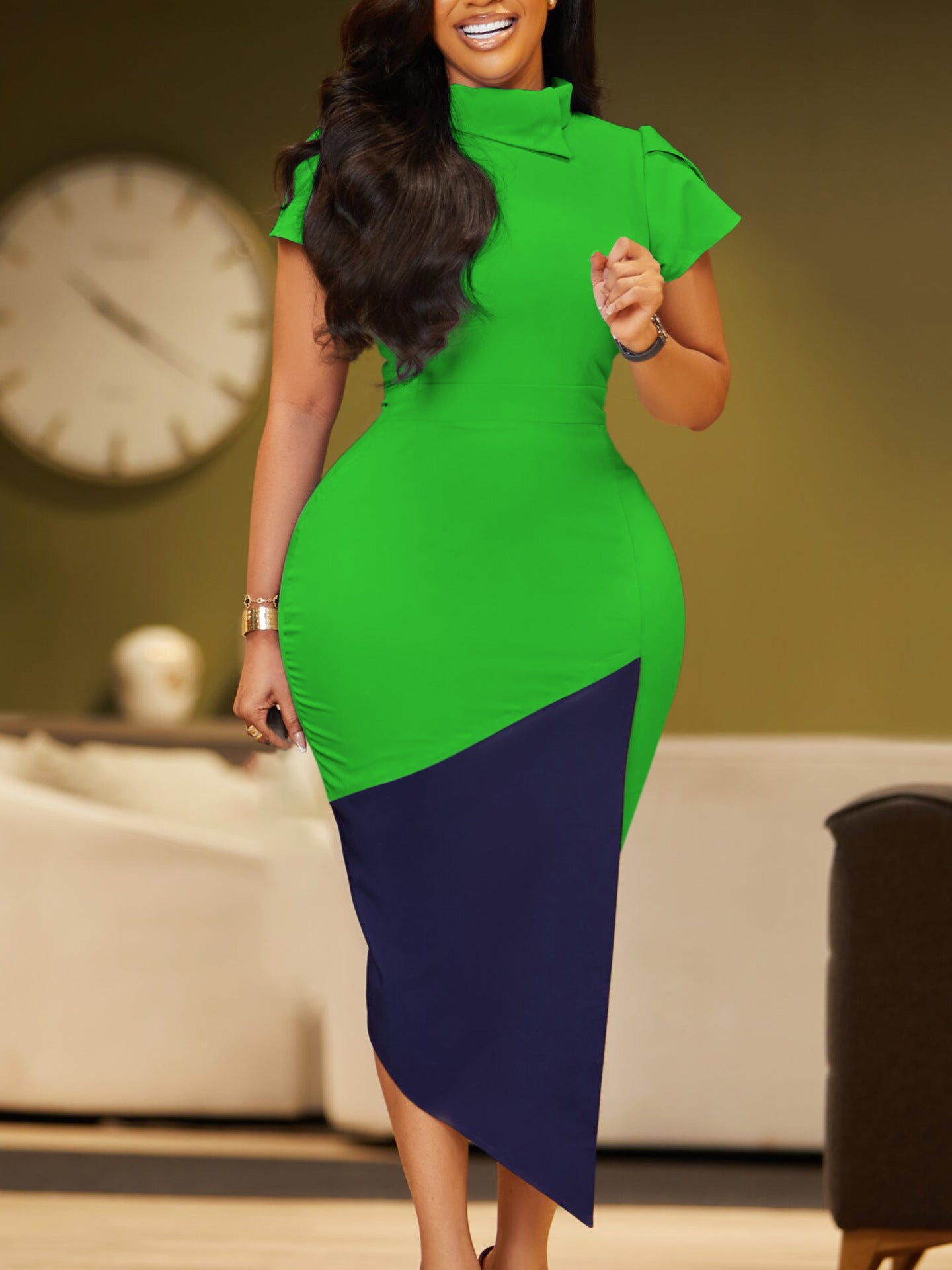 Women's Summer Fashion Chic Short Sleeve Color Block African Pencil Bodycon Dress 6