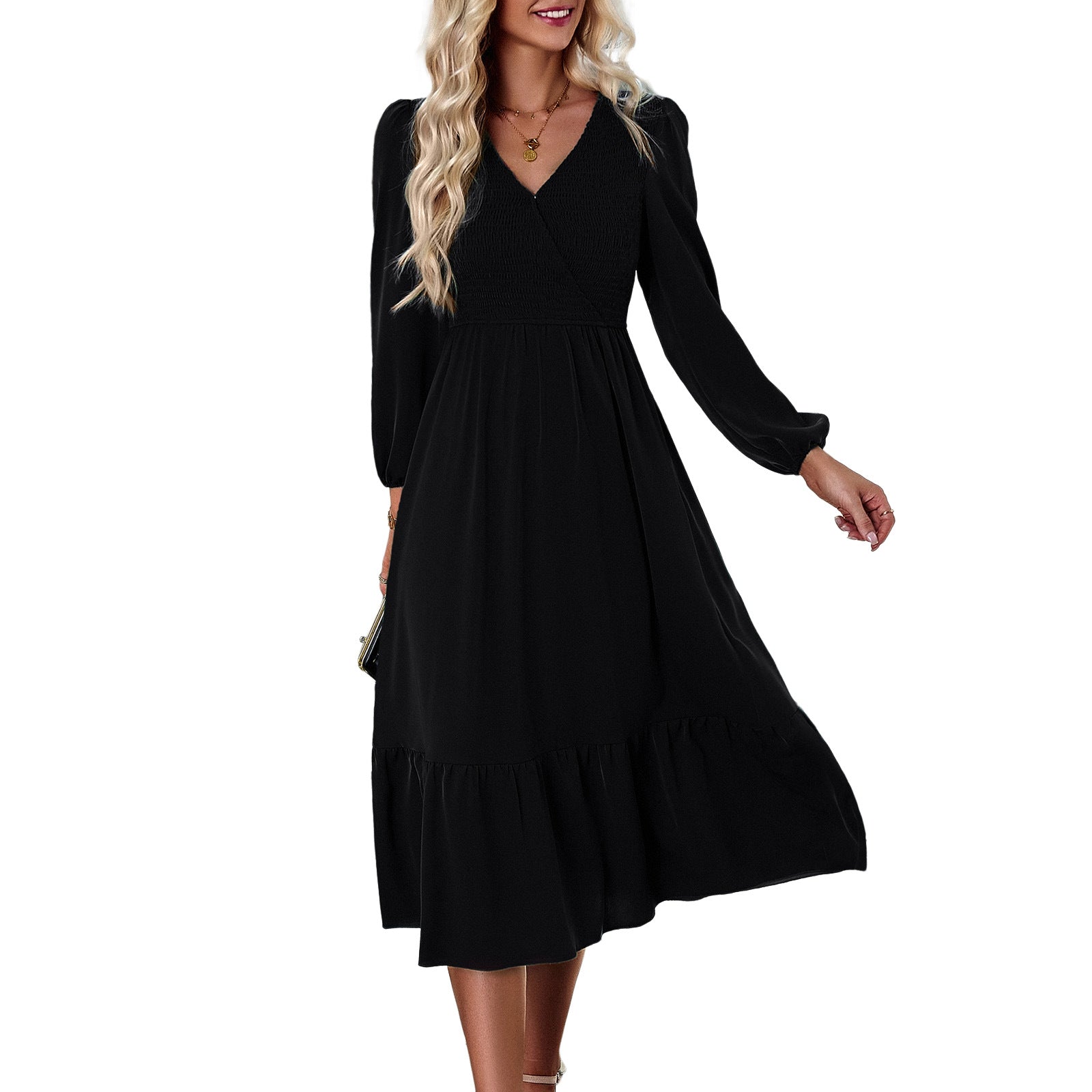 Women's Autumn And Winter V-Neck Solid Color Dress 9