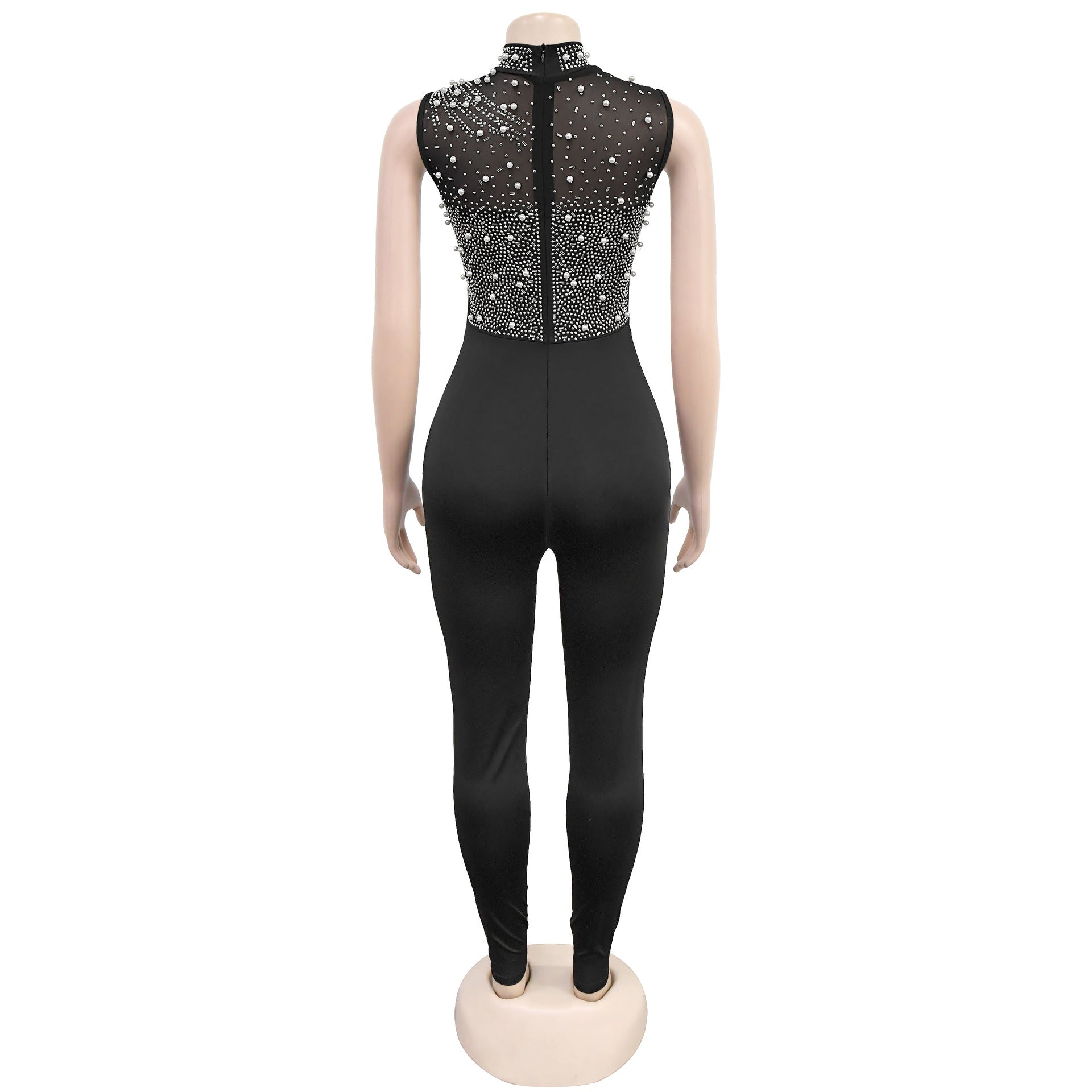 Fashionable Women's Solid Color Mesh Beaded Sleeveless Sexy Jumpsuit 15