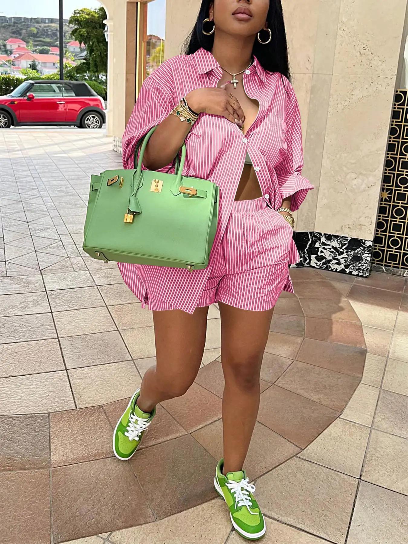 Women Spring Summer Holidays Long Sleeve Shirt Striped Shorts Two Piece Set 7