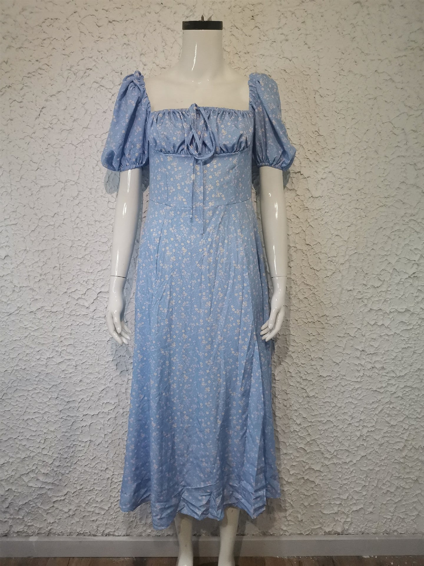 Women's summer fashion puff sleeve floral tie high slit long summer dress 13