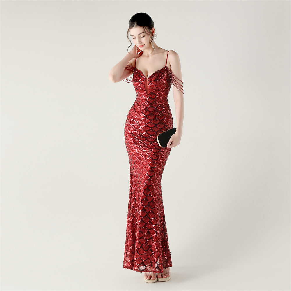 Deep V Strap Sequin Fishtail Evening Dress for Formal Occasions 10