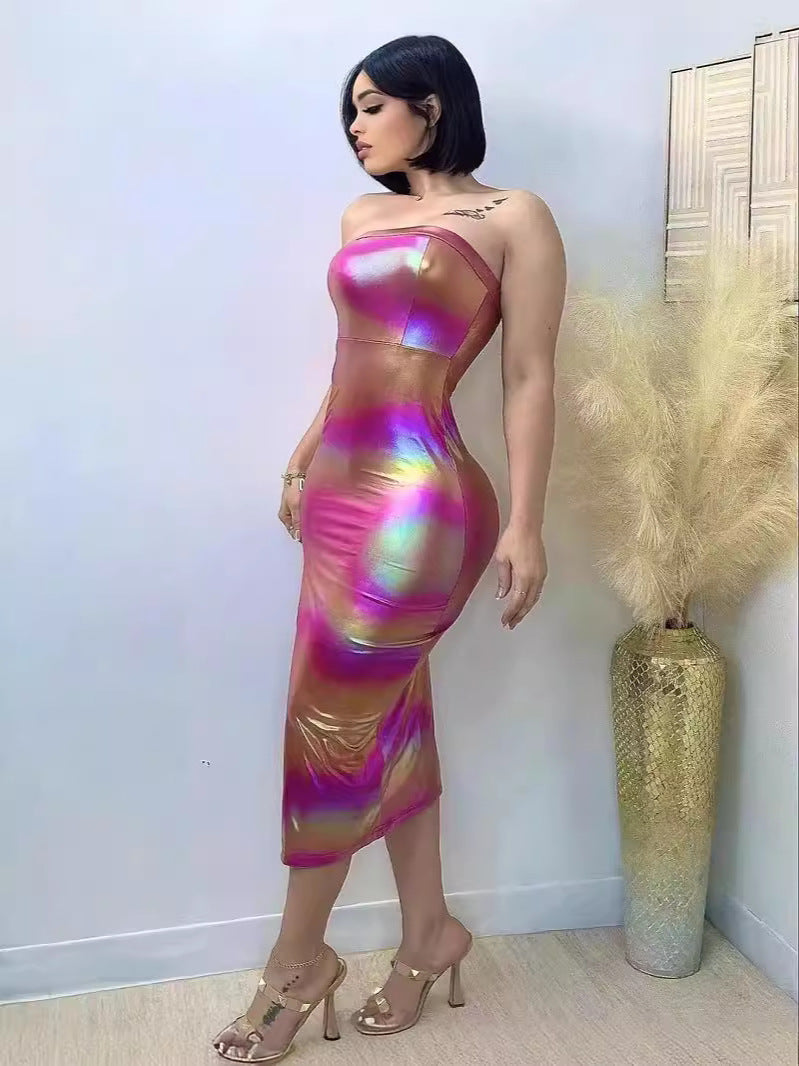 Women Clothing Features Shiny Gradient Pu-Leather High Slit Chest Wrap Dress 5