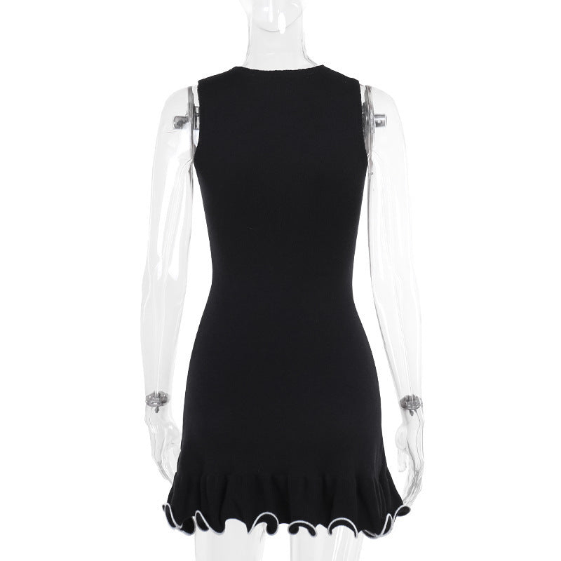 Spring Women's Solid Color Round Neck Sleeveless Ruffled Slim Dress 7