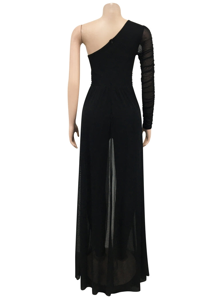 Women Summer Black Romantic Slash Neck Full Sleeves Solid Mesh Ripped Full Length Regular Jumpsuit 7