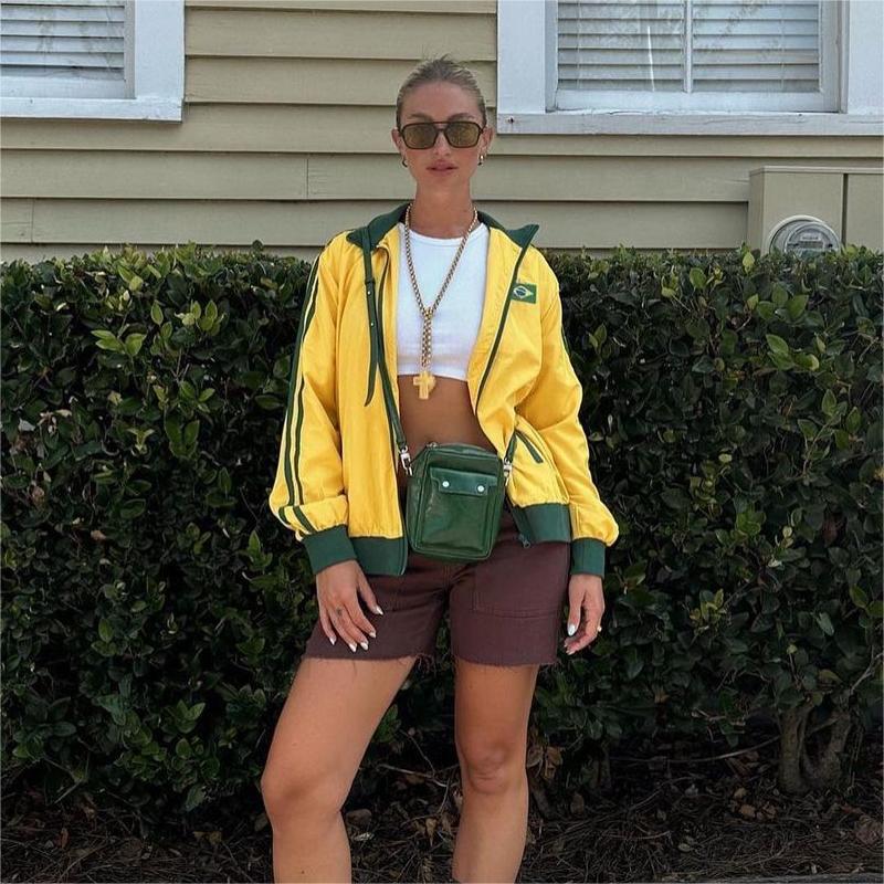 Autumn Women Long Sleeve Round Neck Casual Letter Contrast Printed Sports Jacket 6