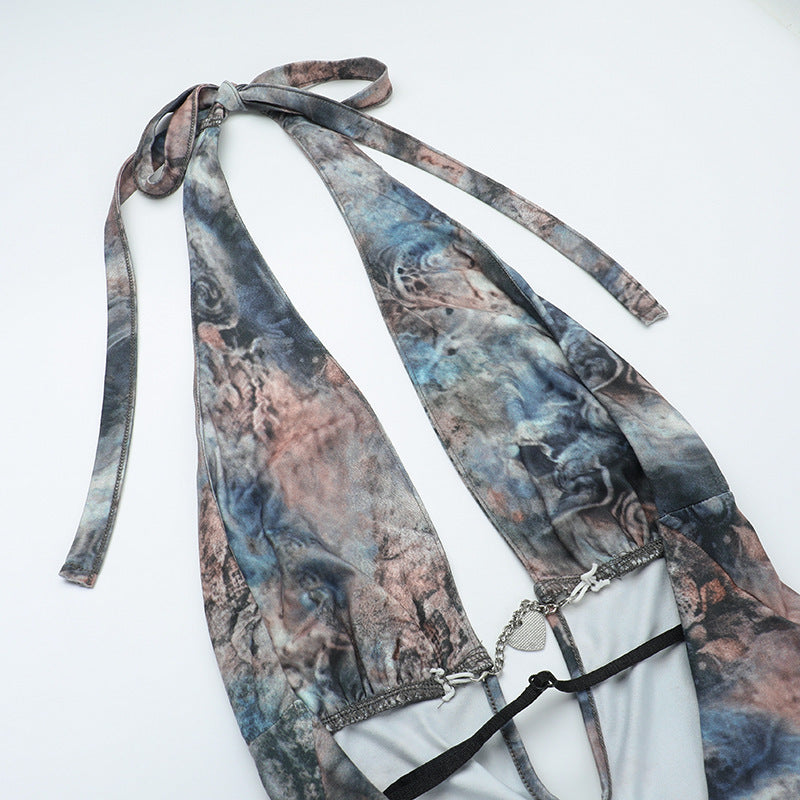 Women Printed Sexy Backless Slit Lace Dress 13