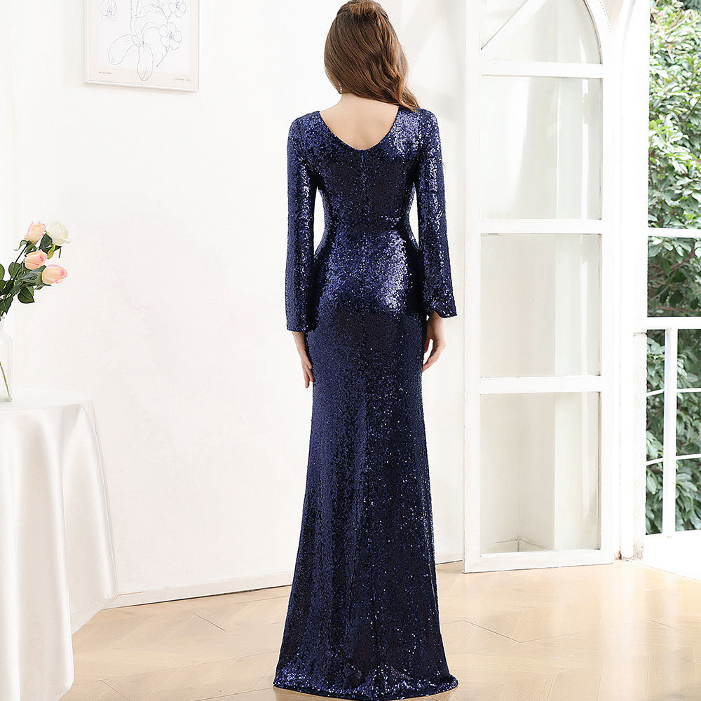 Women's Long Sleeve Formal Party Chic French Luxurious Sequined Mermaid Long Evening Dress 11