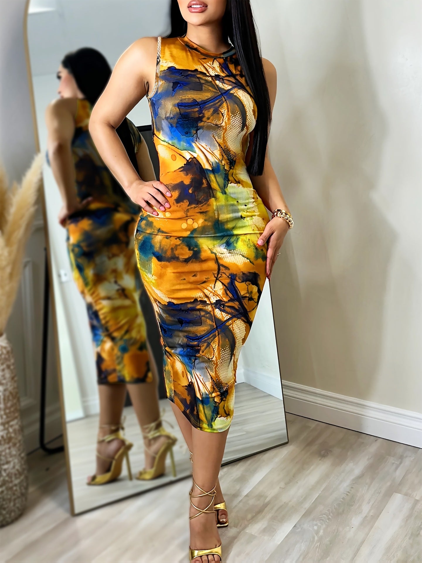 Graffiti Sexy High-Slit Round Neck Sleeveless Dress 7