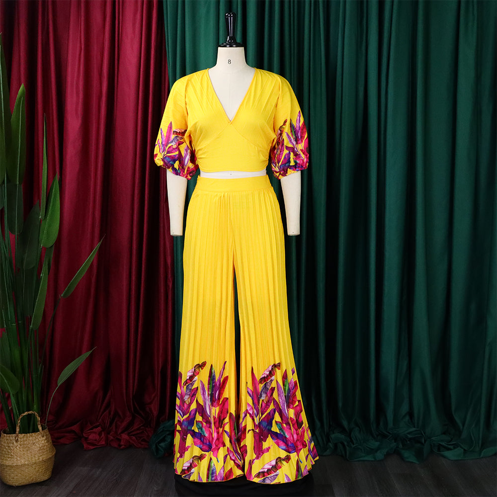 Women's Summer fashion v-neck printed top wide-leg pants two-piece suit 11