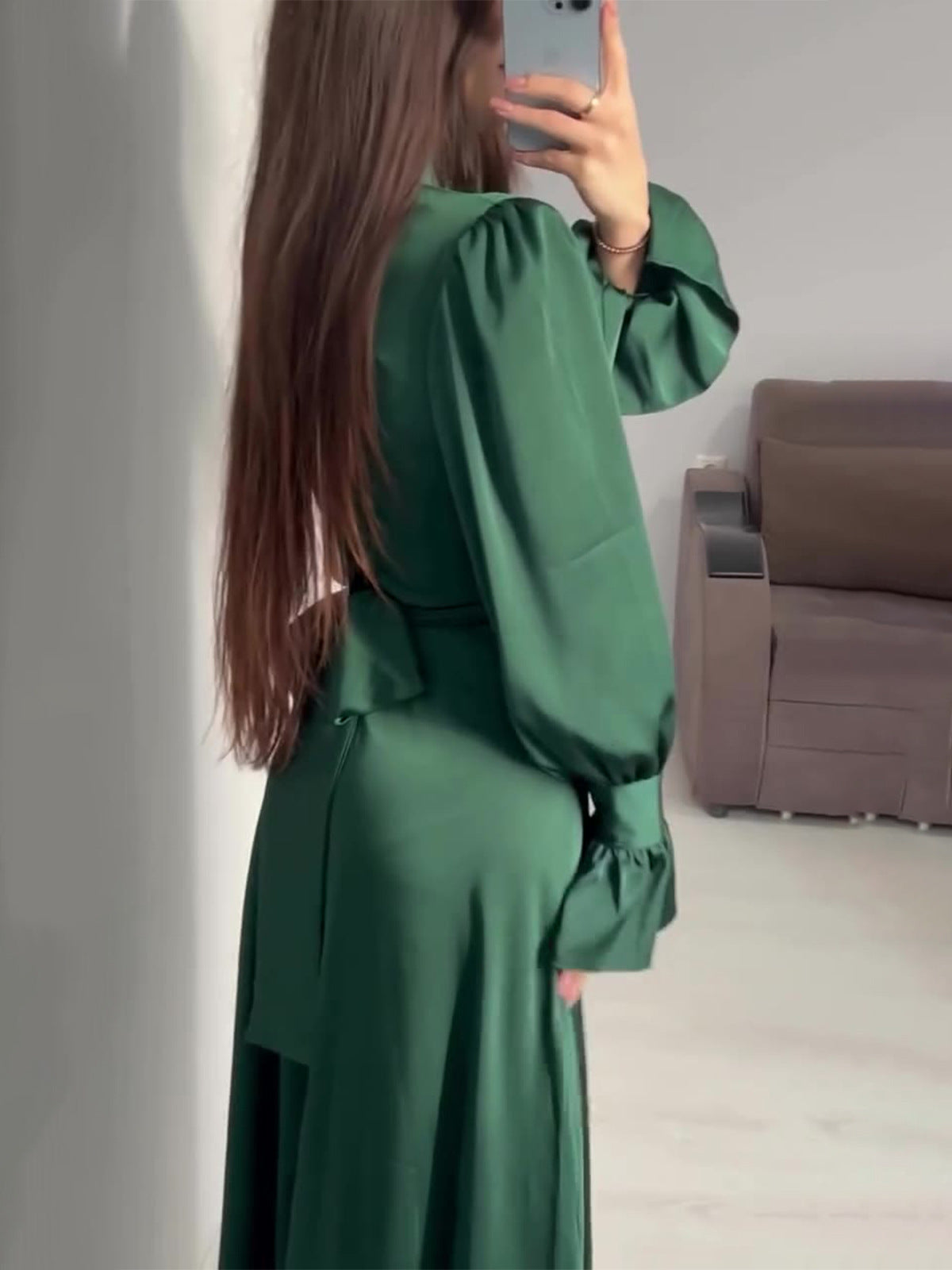 Spring Long-Sleeved Slim Waisted Puff-Sleeved Green Dress 5