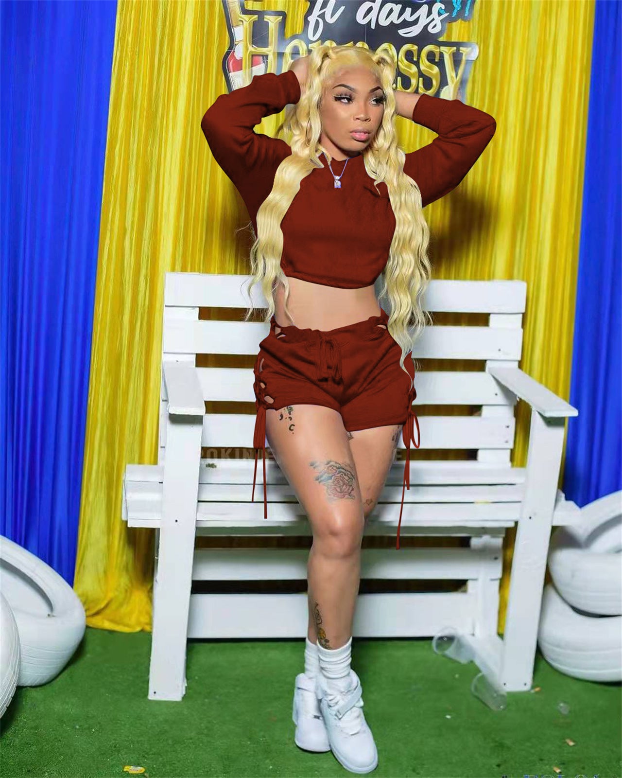 Women Casual Solid Lace-Up Drawstring Long Sleeve Top and Short Two-Piece Set 3