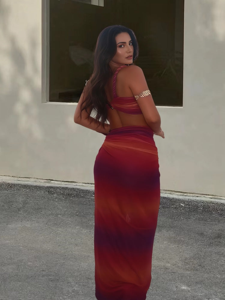 Women's fashion sexy Low Back Halter Neck Strap Vest Slit Long skirt two-piece set 3