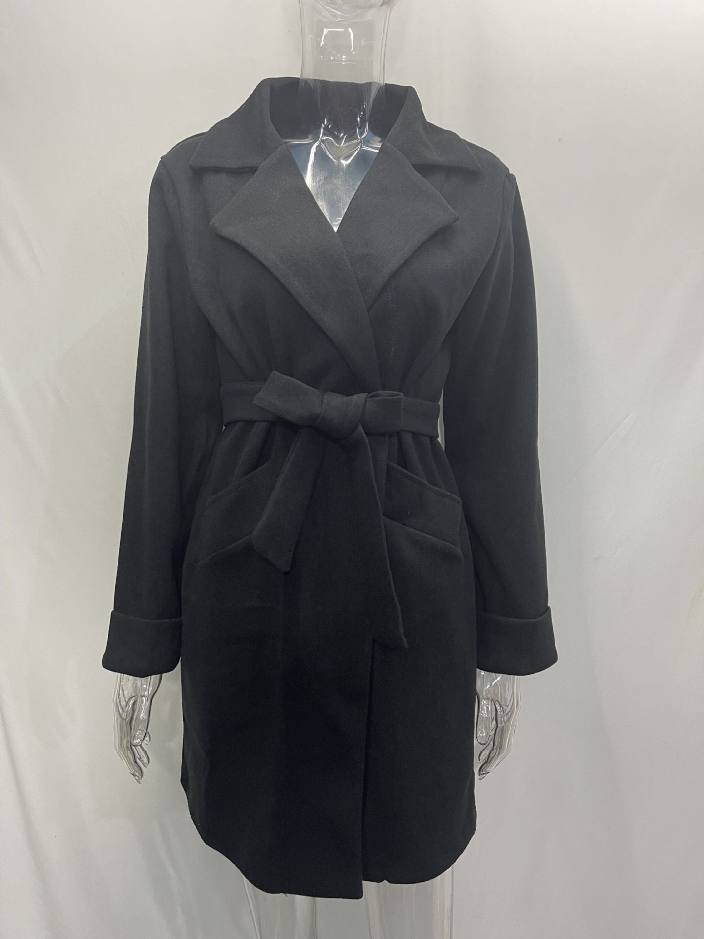 Women Belt Turndown Collar Coat 32