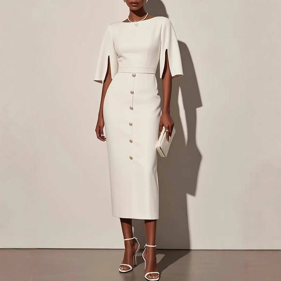 Women Summer Solid Round Neck Slit Button Dress