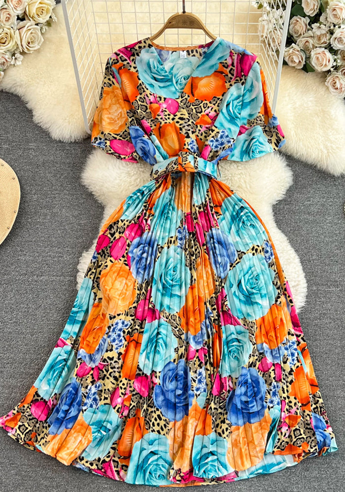 V-Neck Slim Waist Floral Maxi Dress