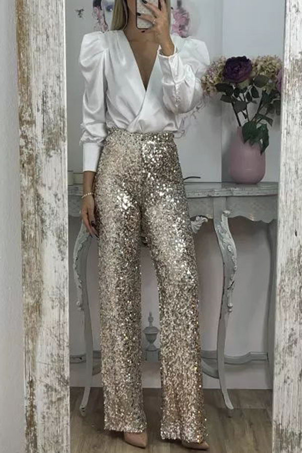 Spring Summer Party Sequined Casual Slim Fit Stretch Bell Bottom Pants 6