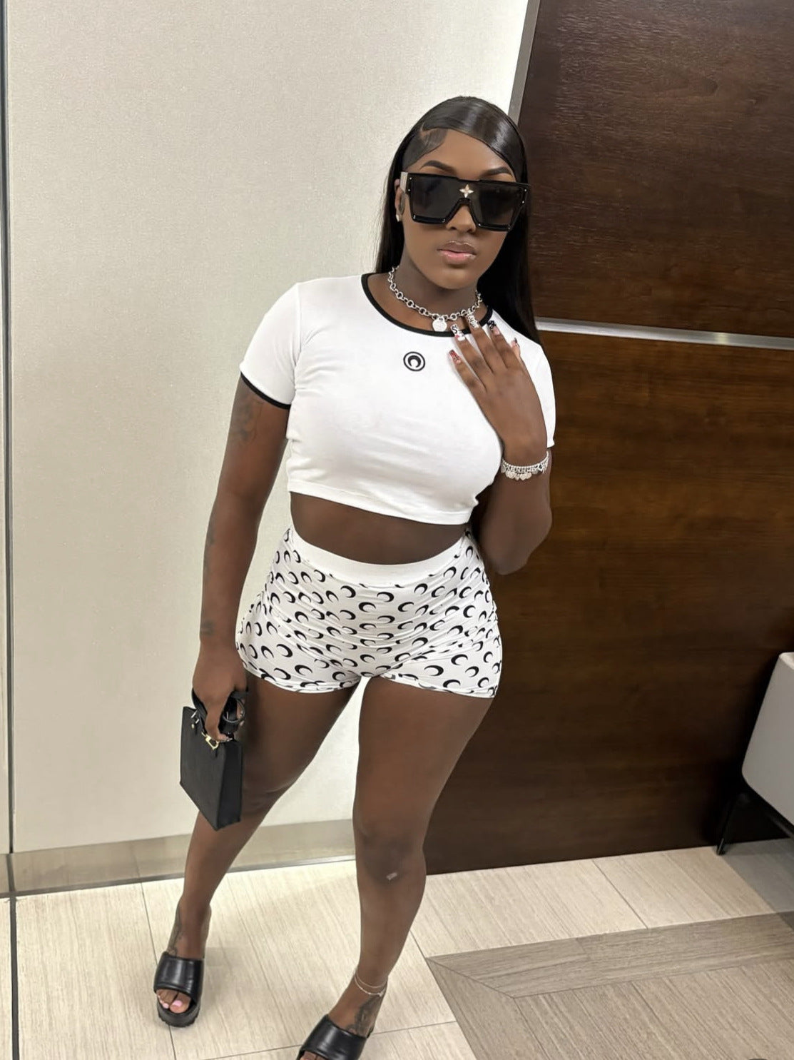 Women Trendy Moon Print Stretchy Sexy Basic Top and Shorts Two-piece Set 3