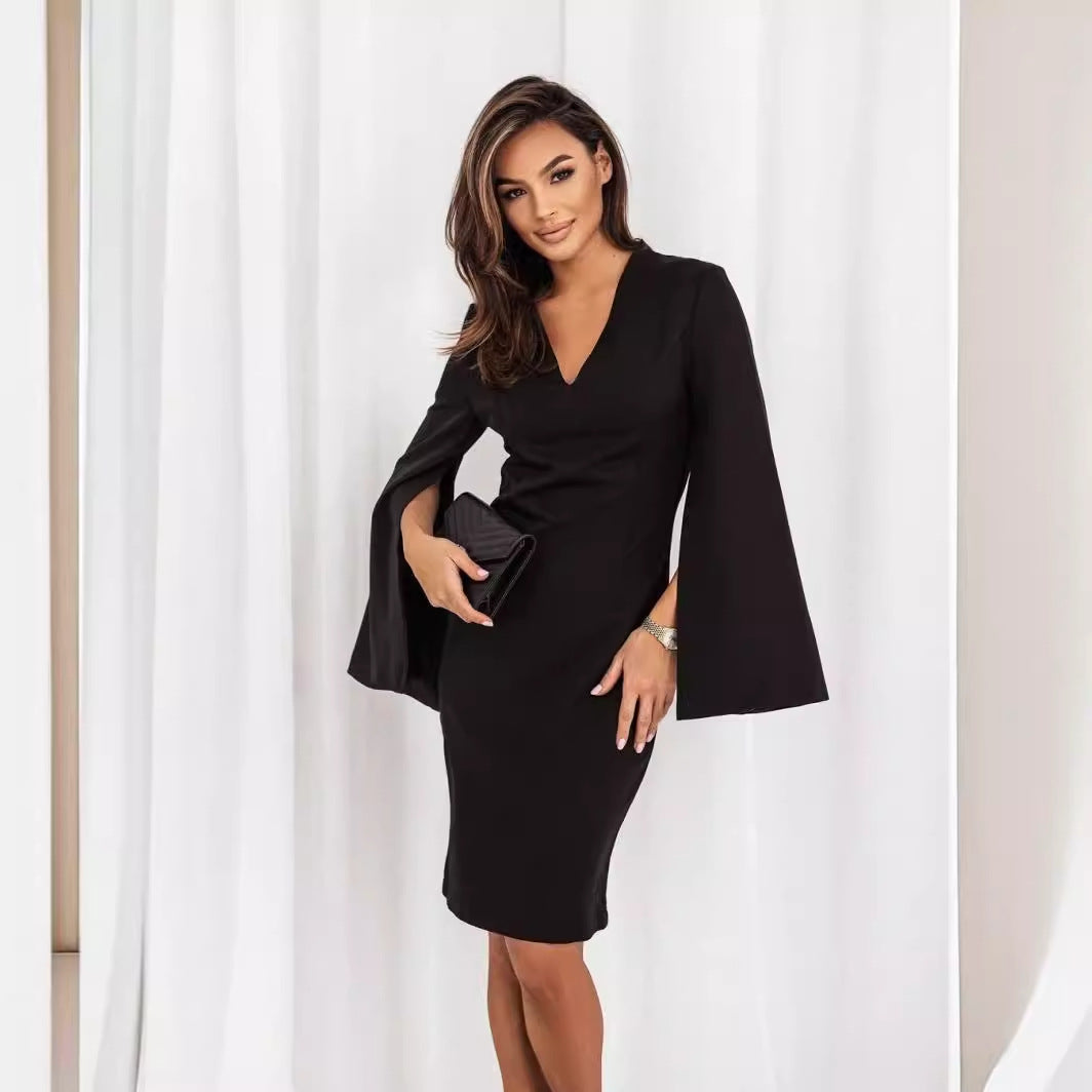 Women Autumn V Neck Slit Long Sleeve Solid Dress 7