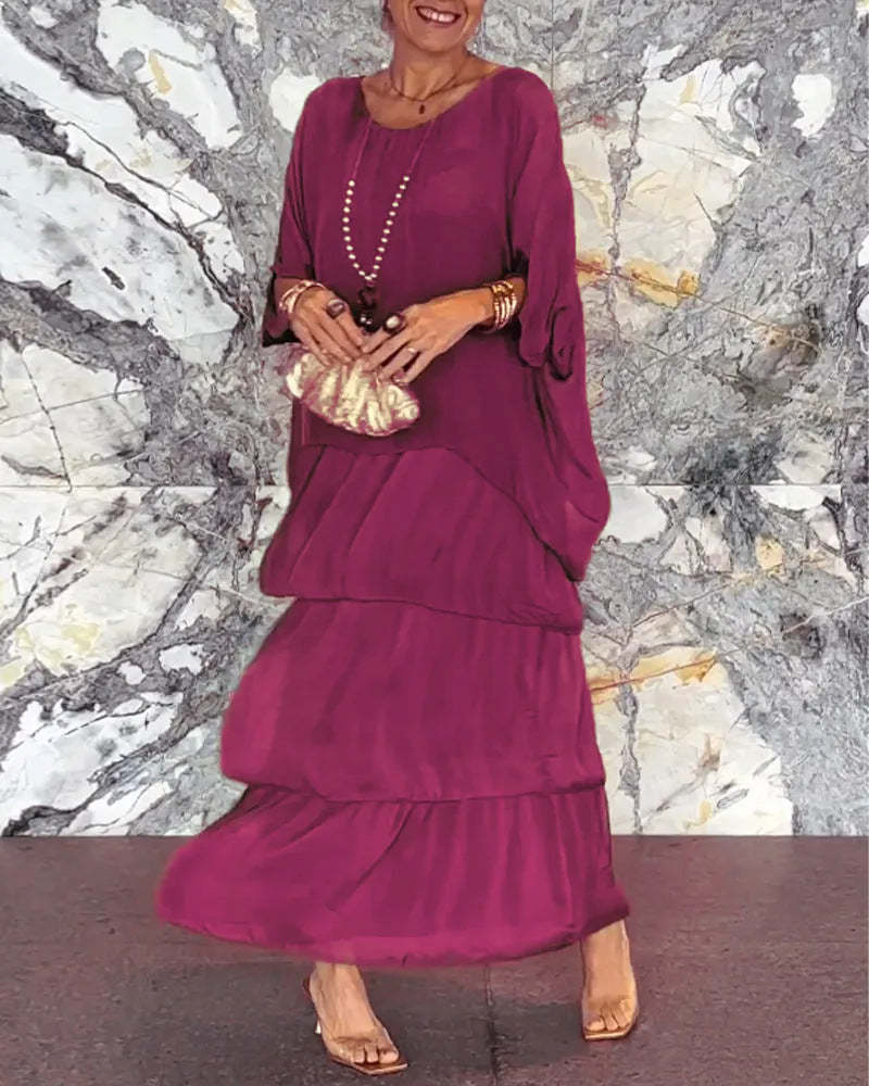 Women chiffon mesh Bat Sleeves Round Neck Long Dress 13