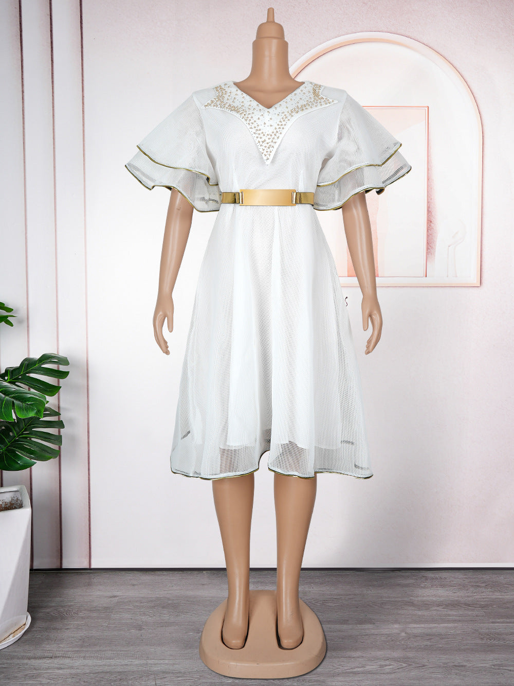 Plus Size African Women V-neck Bodycon Beaded Dress With Belt 15