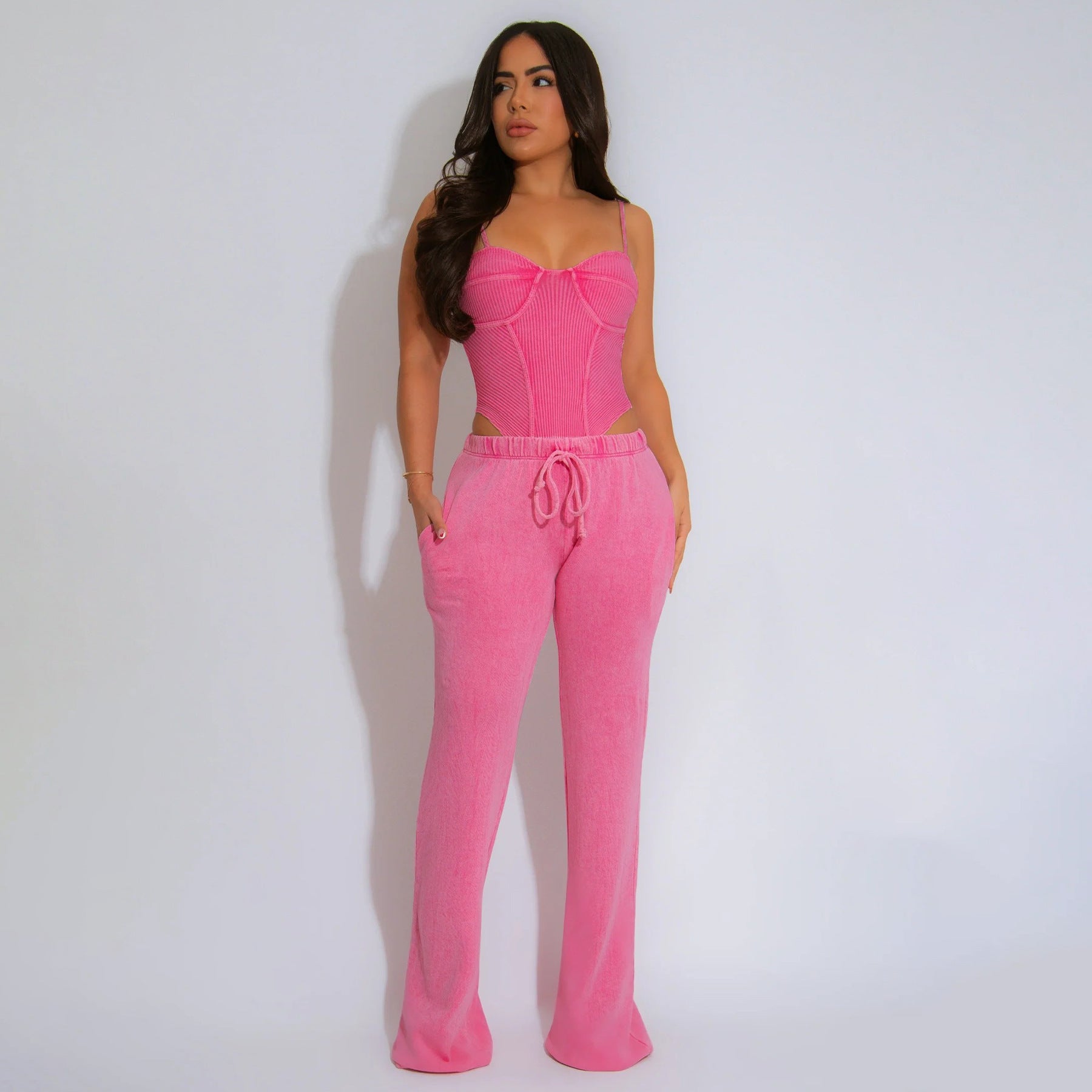 Women Sexy Cotton Washed Strapless Top and Pant Two-Piece Set 26