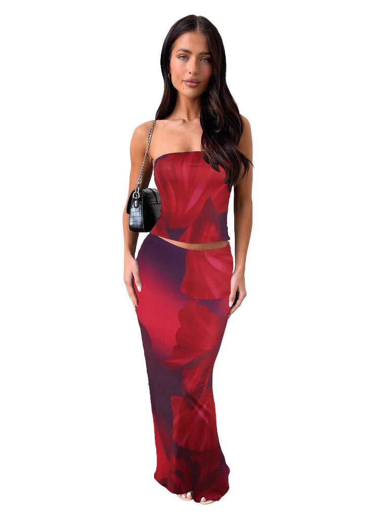 Women Summer Sexy Printed Strapless Top and Skirt Two-Piece Set 8