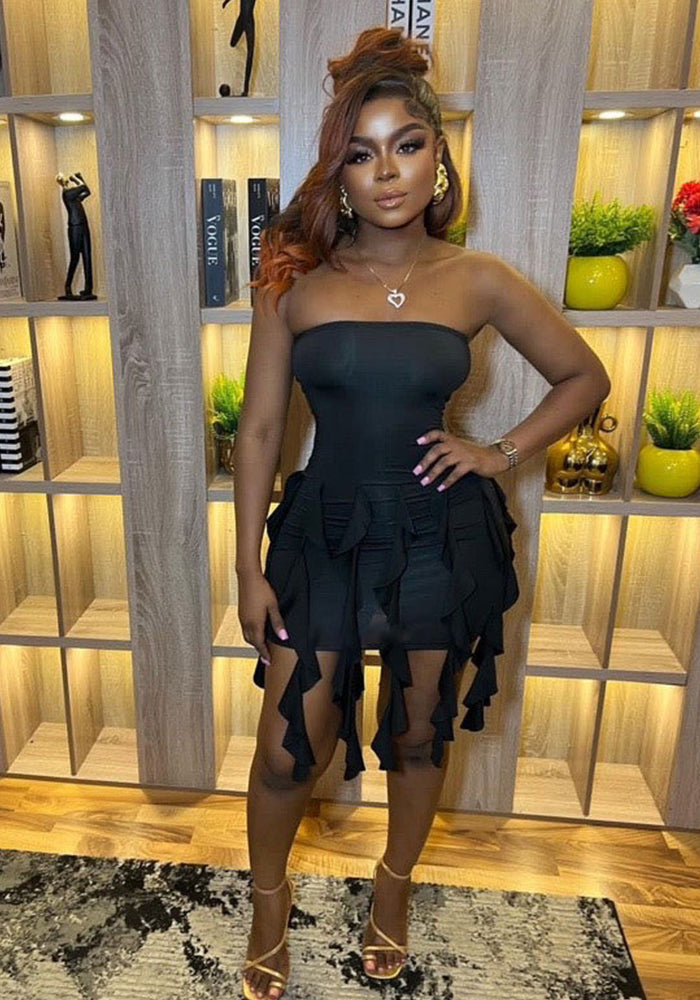 Women ribbon Strapless sexy Backless Bodycon ruffle dress