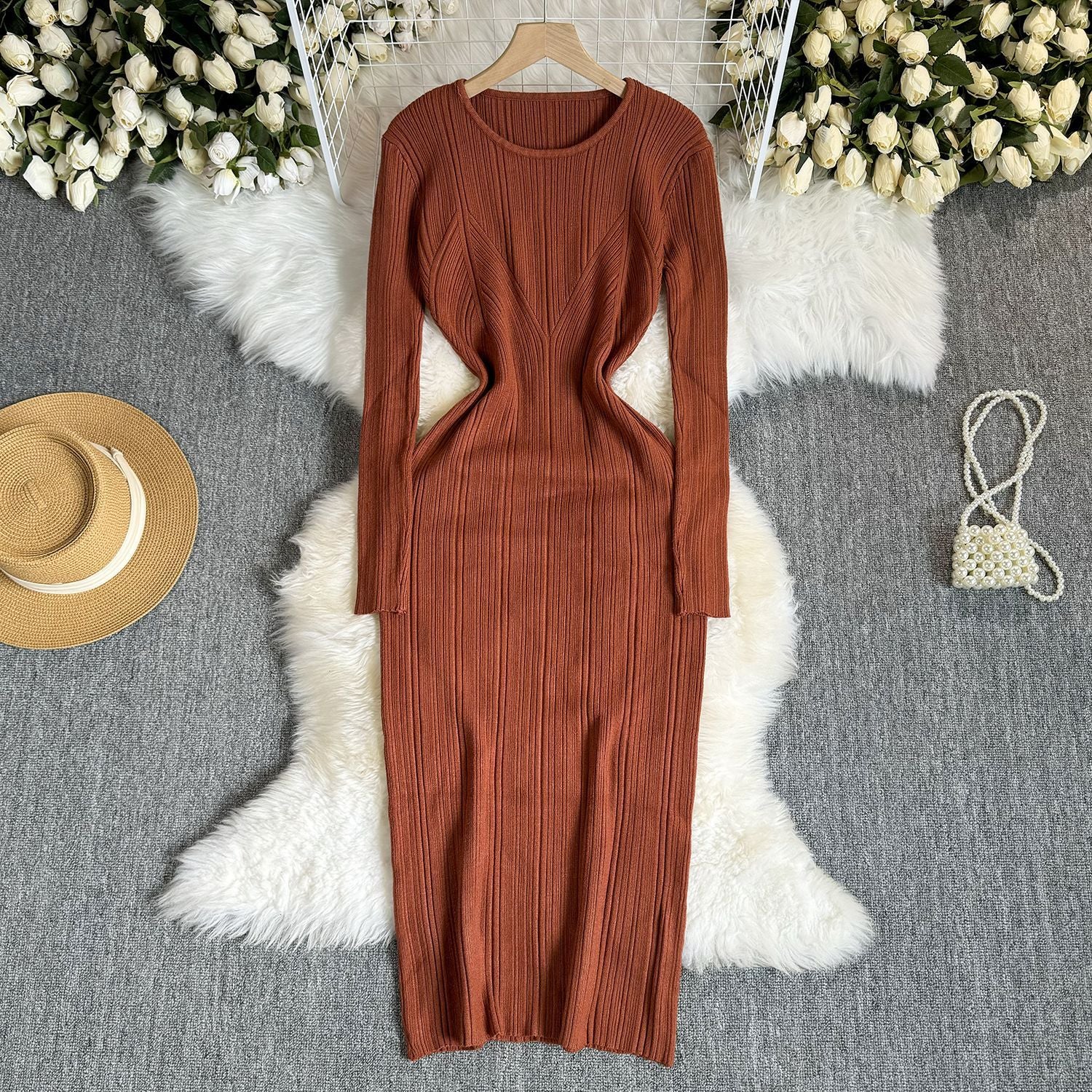 Autumn Solid Color Women Sexy Ribbed Slim Bodycon Knitting Dress 6