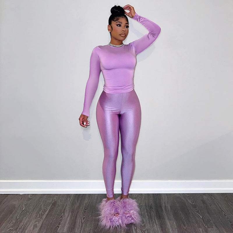 Women Round Neck Long Sleeve Top Pants Casual Two Piece Set