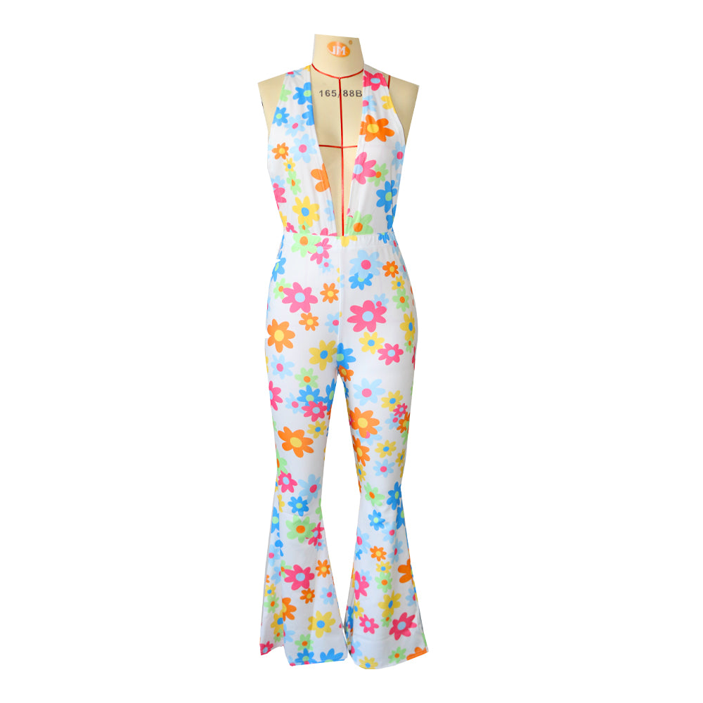 Women Summer Sexy Deep V Flower Print Halter Neck Jumpsuit 9