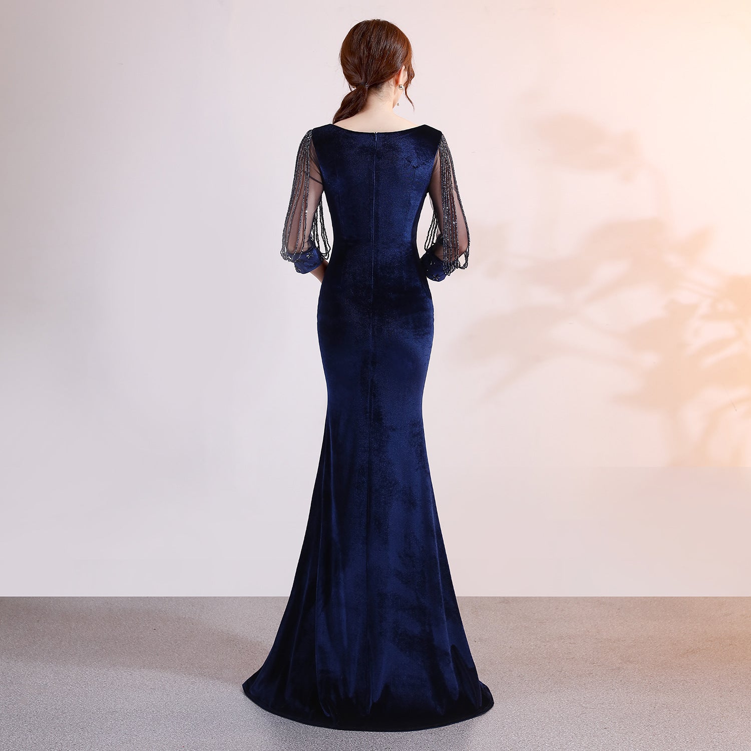 sexy velvet crystal diamond chain bride clothing winter long-sleeved mermaid long evening dress 10