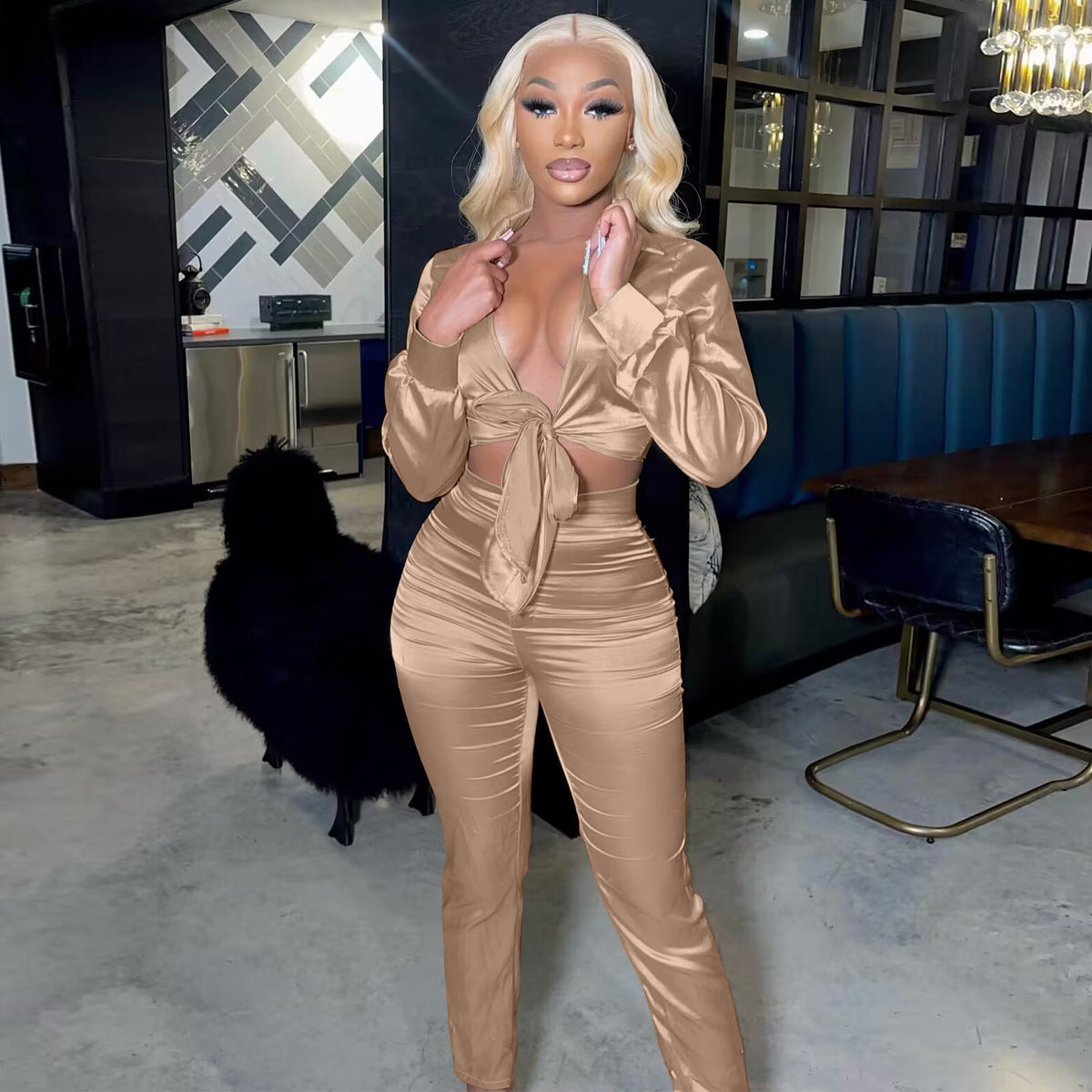 Sexy v-neck tie slim two-piece suit 7