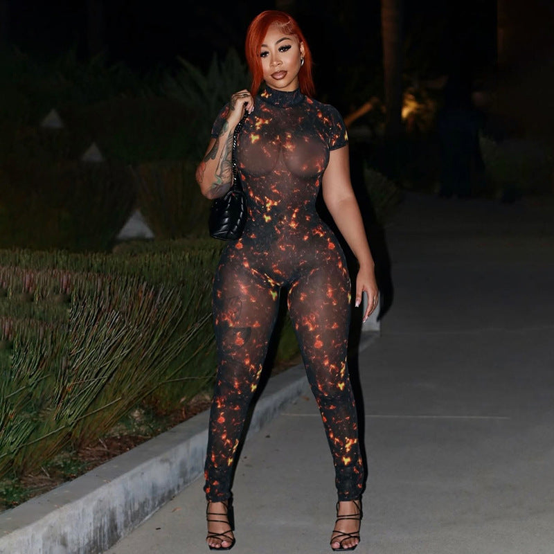 Women Summer Street Trend Mesh See-Through Print Backless Jumpsuit 6
