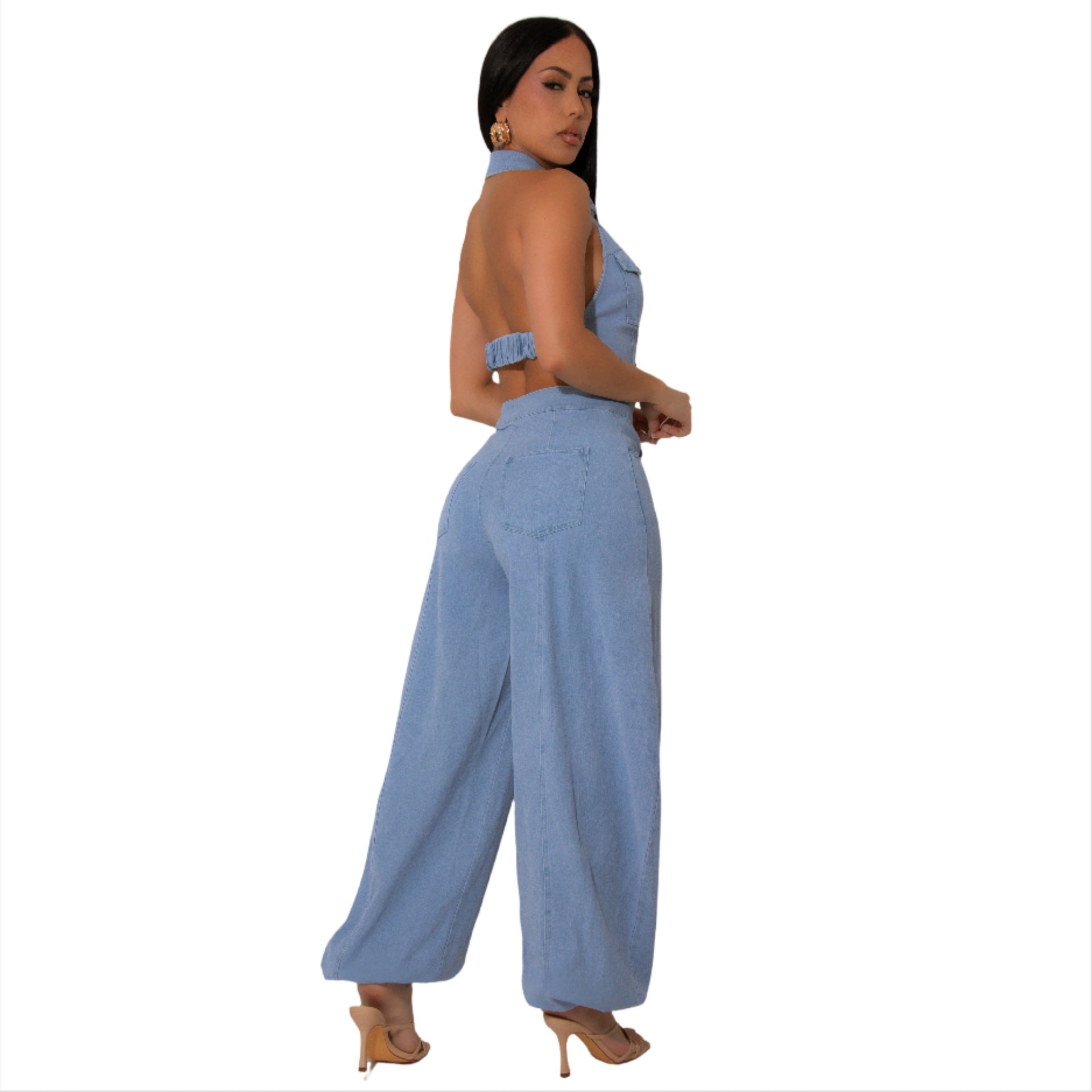 Sleeveless Low Back Washed High Stretch Casual Denim Jumpsuit 3