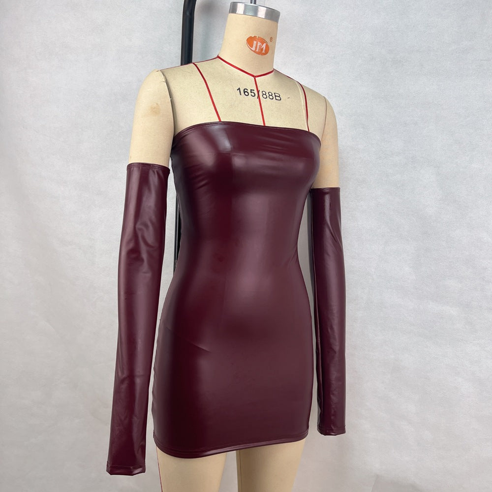 Women pu Leather Solid Patchwork Sexy Strapless Bodycon Dress Plus Sleeves Two Piece Set 10
