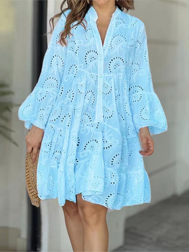 Spring And Summer Solid Color V-Neck Loose Embroidered Hollow Lace Dress 12