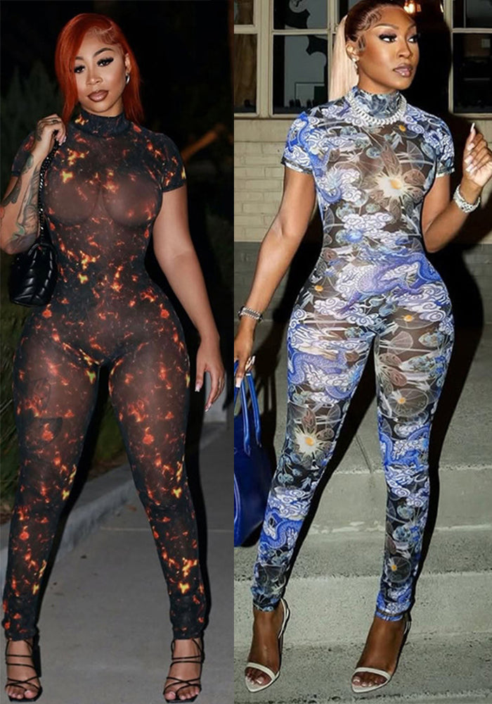 Women Summer Street Trend Mesh See-Through Print Backless Jumpsuit