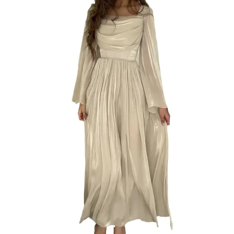 Women French Retro Square Neck Elegant Long Sleeve Pleated Dress 8