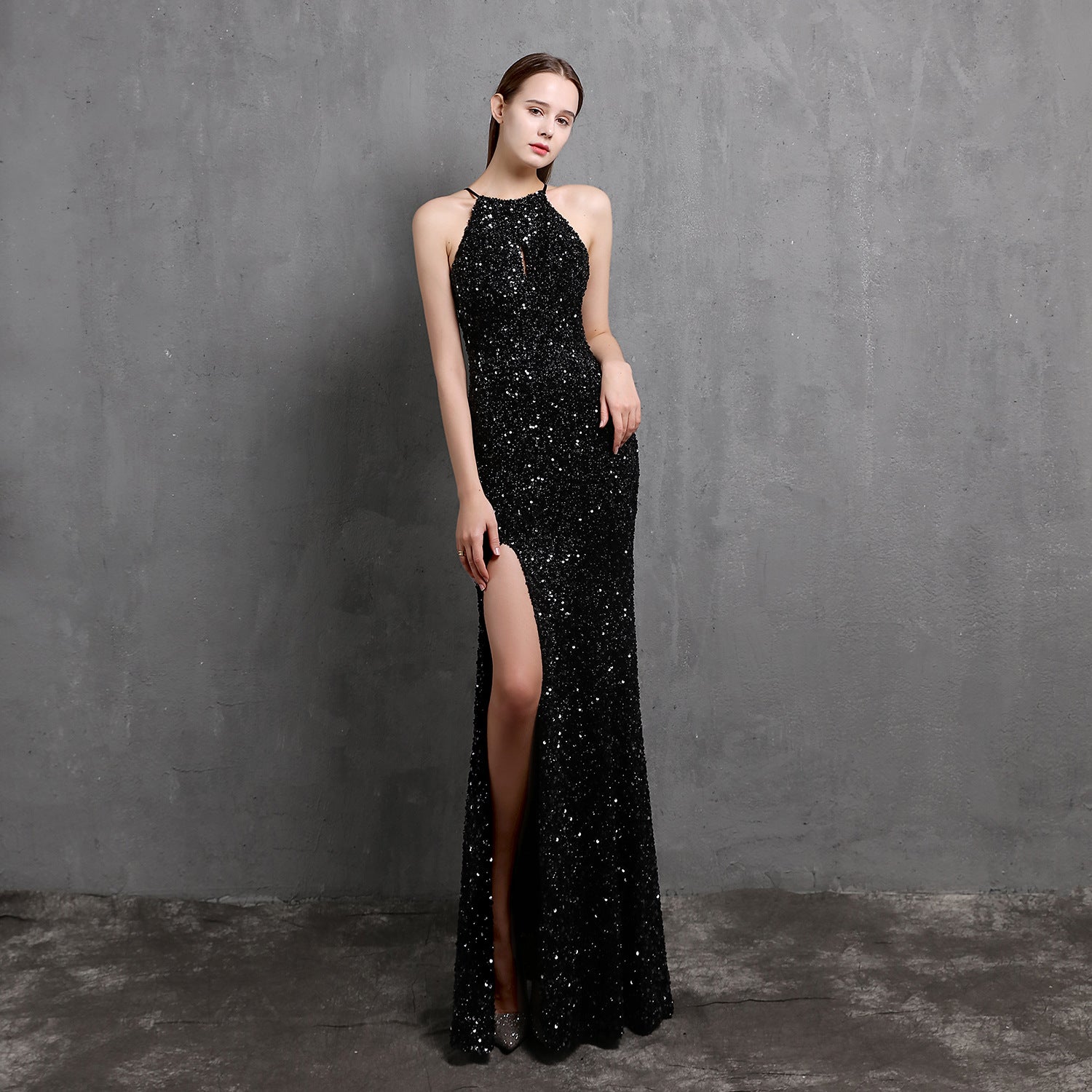 Summer Elegant Sequins Sleeveless Halter Split Evening Dress 5