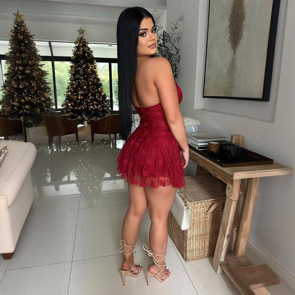 Strapless Lace Solid Color Chic Short Romper 4
