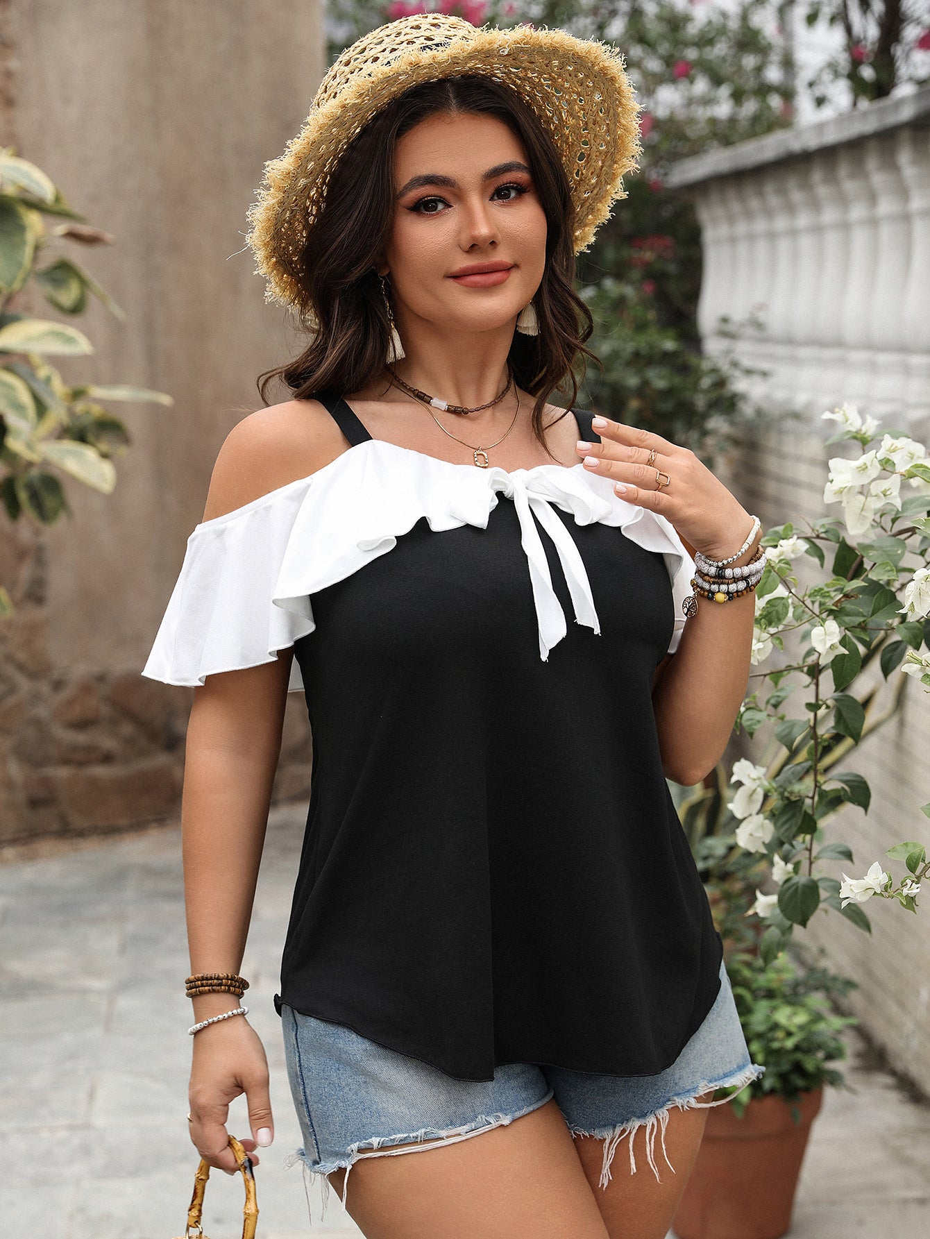 Spring Plus Size Women's Off-Shoulder Ruffle Sleeve Strap Top 5