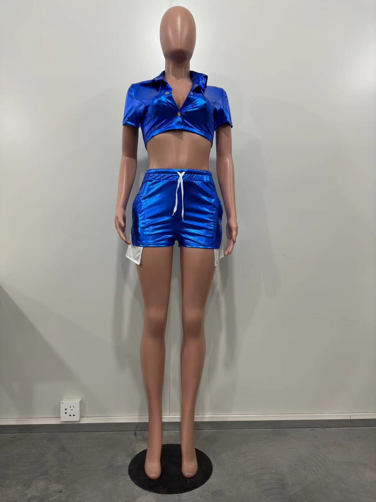 Women's Deep Pocket Slit Pu Leather Short Front Short Back Long Shorts Two-Piece Set 37