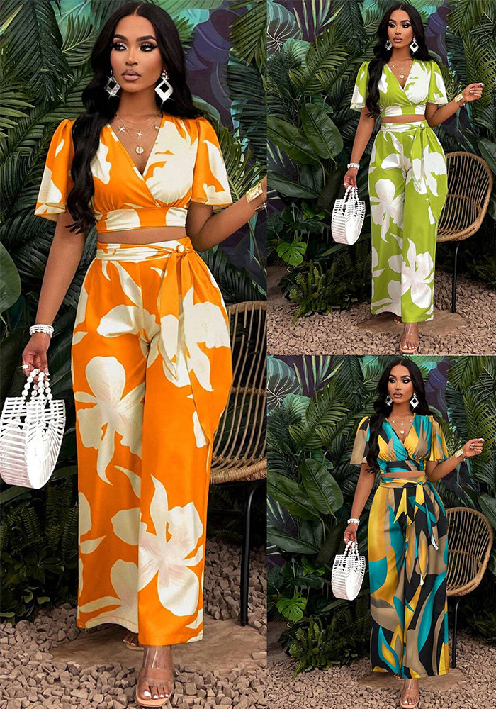 Women Tropical Print Pleated Butterfly Sleeve Top and Lace-up Wide-leg Pants Two-piece Set