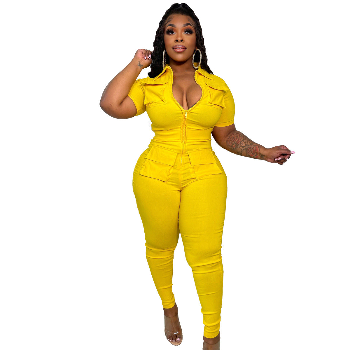Plus size sexy zipper three-dimensional pocket jumpsuit 8