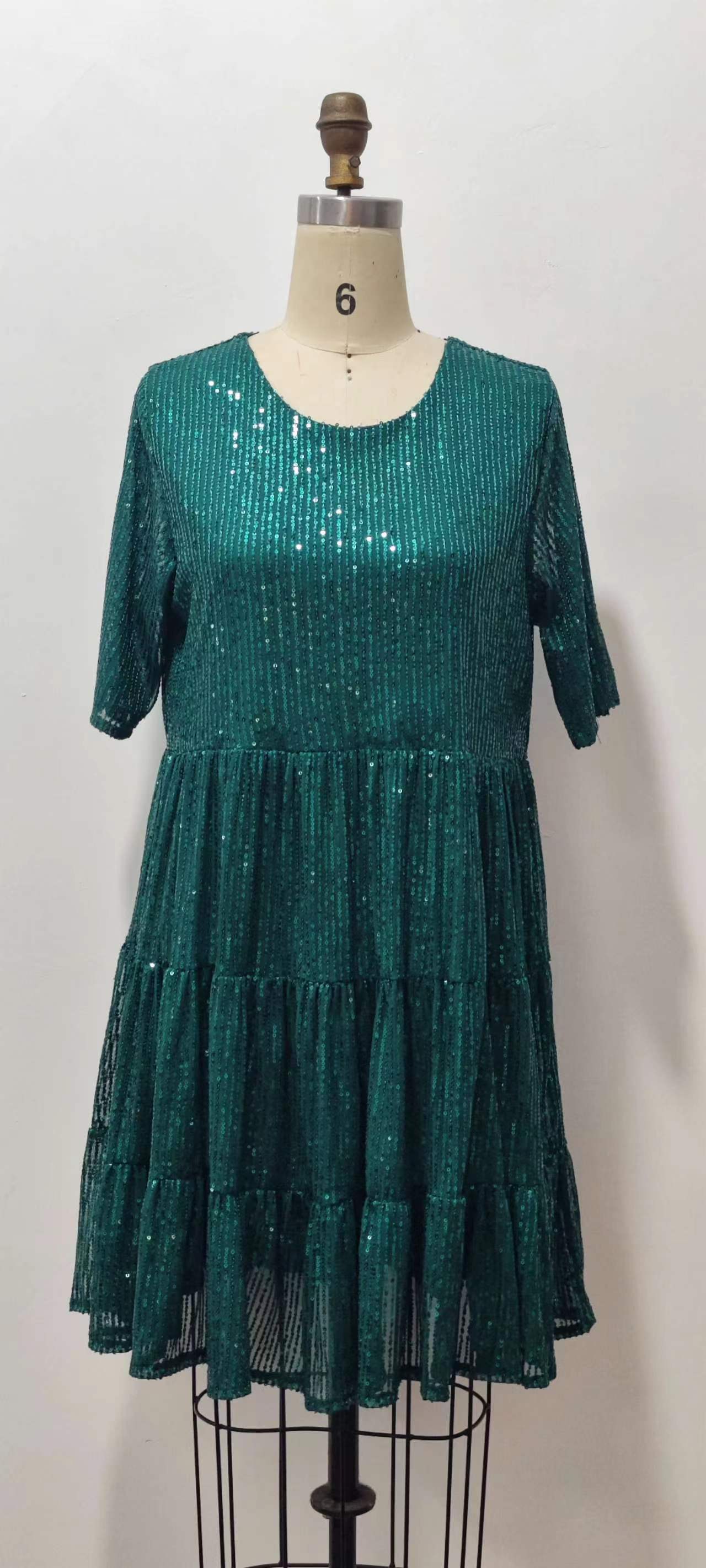 Women 's Sequin Half Sleeve Round Neck Ruffle Loose Formal Party Dress 27