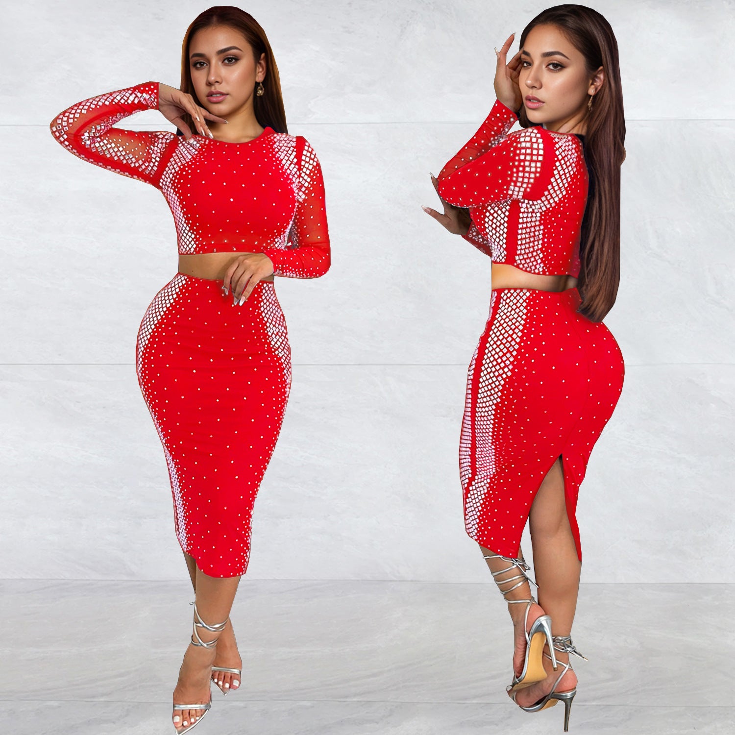 Beaded Long Sleeve Slim Two Piece Skirt Set（customized,MOQ 6pcs/size/color,process time 7-10 days） 3