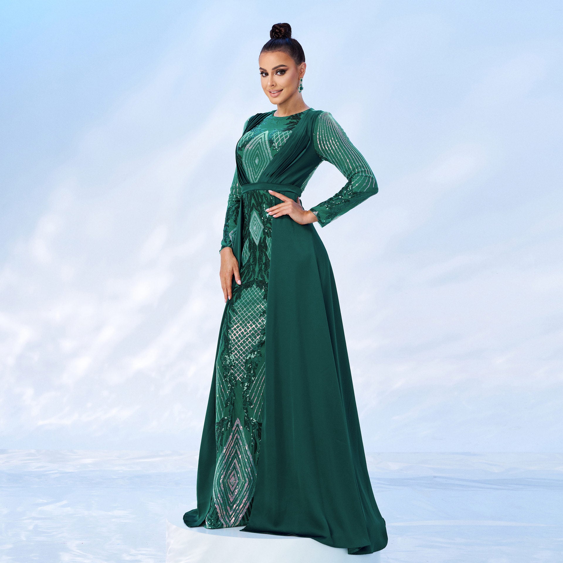Women Long Sleeve Round Neck Sequined Formal Party Maxi Cape Fishtail Evening Dress 5
